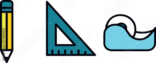 School Supplies Vector Illustration Featuring Pencil Ruler and Tape Dispenser for Education and Learning