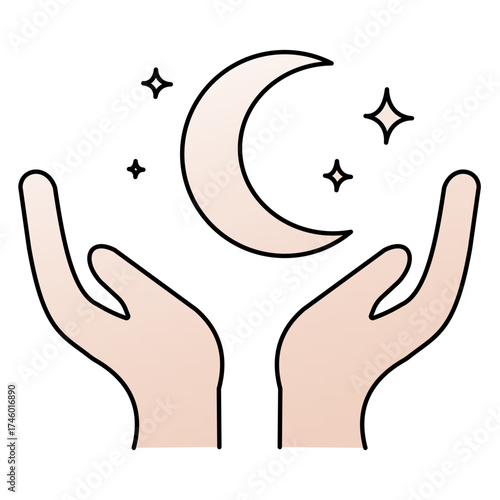 Manifestation Icon – Calm Pastel Illustration of Hands Holding Moon and Stars