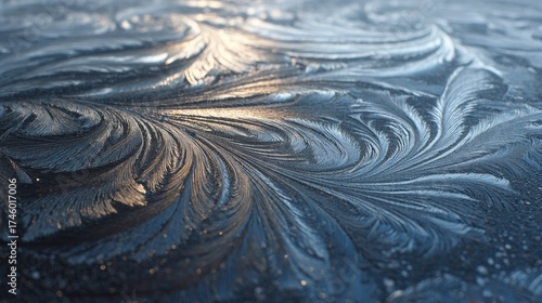 Frost Patterns on Glass Create Intricate Designs Illuminated by Soft Light During a Cold Morning