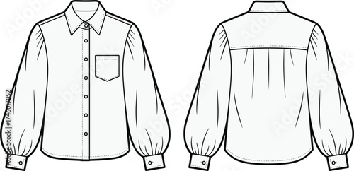 Front and back view of women long sleeve shirt, blouse fashion flat sketch, clothing design template, garment technical drawing illustration.