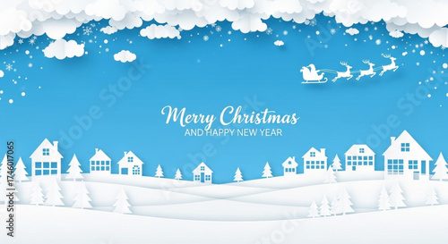 winter landscape with christmas tree. Merry Christmas and Happy New Year paper art vector illustration. Winter landscape with Santa Claus sleigh flying over a snowy village. Christmas greeting card. 
