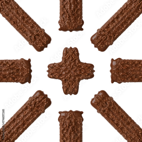 Arrangement of chocolate sticks isolated on transparent background forming a cross and lines, a visually appealing pattern for confectionery or snack themes