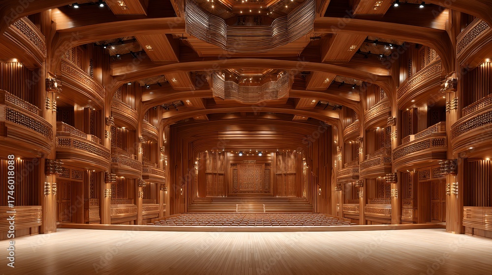 Obraz premium Magnificent wooden concert hall interior with elegant architectural design