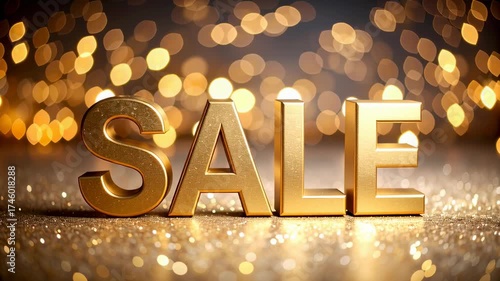 Luxury glitter bokeh background: Gold sale letters glitter sparkle on festive bokeh background promoting golden promotion for celebration and shopping excitement perfect for festive holiday product