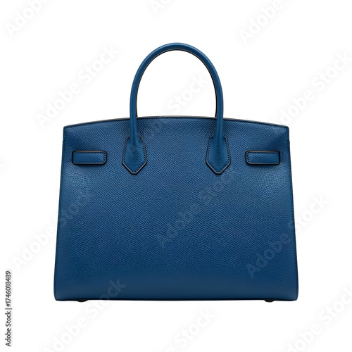 Elegant blue leather handbag isolated on transparent background, featuring a classic design with a sturdy top handle and a spacious interior compartment