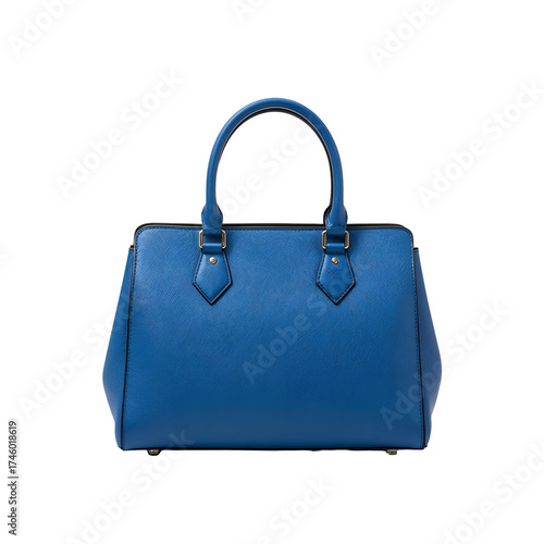 Sophisticated blue leather satchel isolated on transparent background, showcasing a structured silhouette with a top handle and a secure closure for everyday elegance