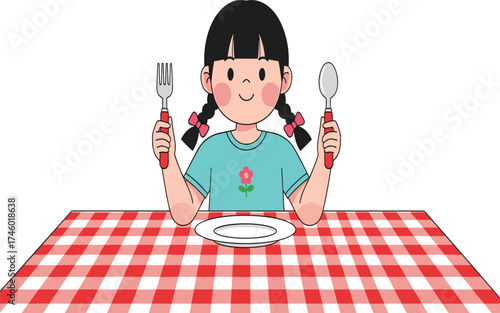 Cute little girl sitting at dining table with fork and spoon, smiling child waiting for meal, happy eating illustration design