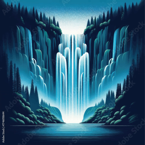 Luminous blue waterfall cascading down rocky cliffs into a serene lake.