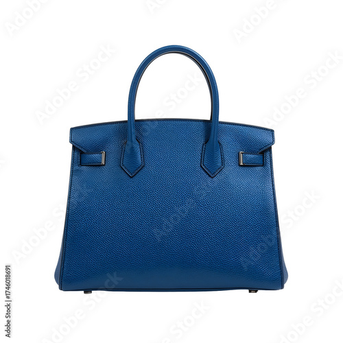 Chic blue leather tote bag isolated on transparent background, featuring a timeless design with a spacious interior and sturdy handles for versatile carrying options