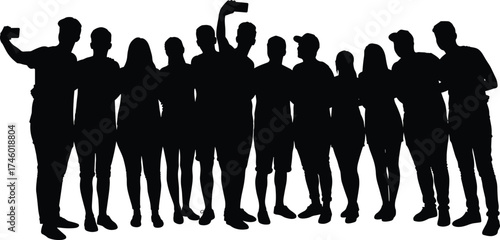 Group of people silhouette taking selfie together, friends standing close, unity teamwork concept, community connection, friendship and social gathering illustration