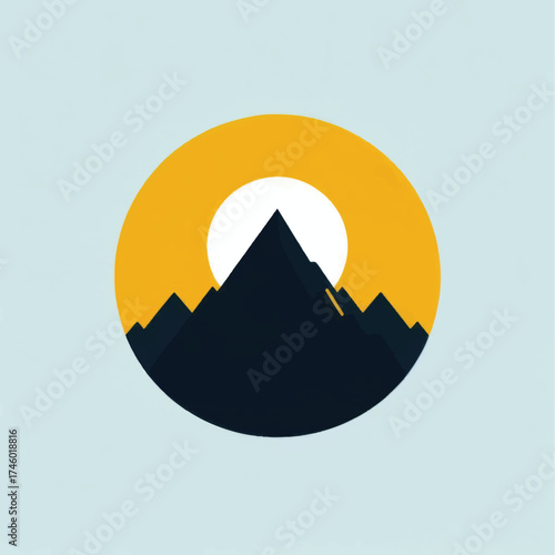 Minimalist mountain range with sun behind peak.
