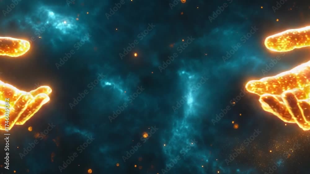 Cosmic Connection - Hands Reaching in the Nebula Universe.