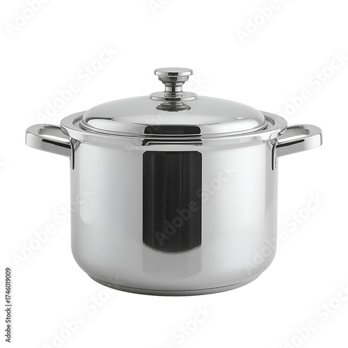 A gleaming stainless steel stock pot isolated on transparent background, complete with a lid and handles, ready for culinary creations and delicious meals