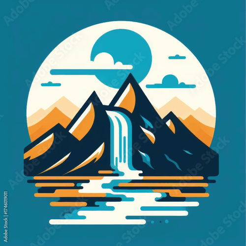 Mountain Landscape with Waterfall and Moon Minimalist Vector Illustration.