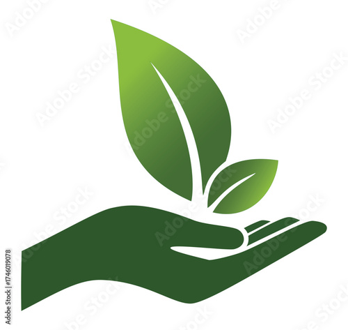 Hand holding a green sprouting plant for eco-friendly, nature conservation, growth, and environmental care designs
