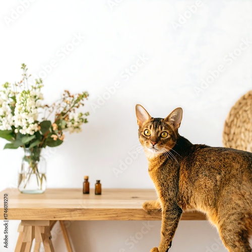 Cat on a light-wood table, flowers
