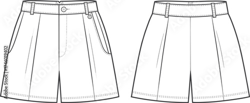 High waist pleated shorts flat sketch, front and back fashion technical drawing, casual summer bottom apparel design vector template illustration.