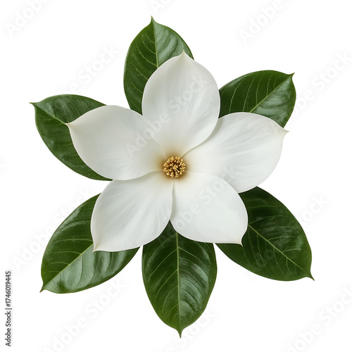A beautiful magnolia flower with pristine white petals and vibrant green leaves, isolated on transparent background, showcasing natures elegance and simplicity