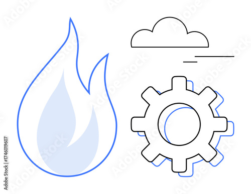 Large flame, gear symbol, and a small cloud. Ideal for energy, sustainability, innovation, industry, technology environment and operations. Simplistic flat metaphor