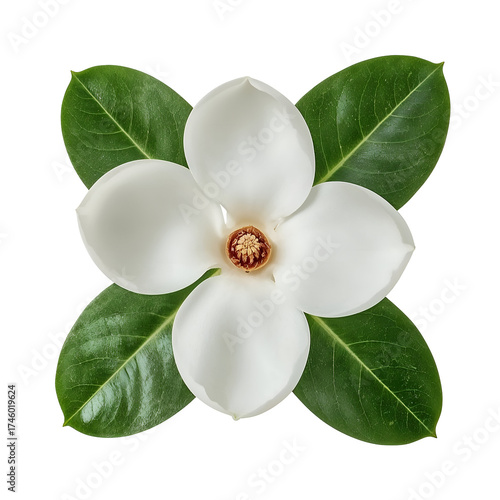 A captivating magnolia flower with its pristine white petals and vibrant green leaves, isolated on transparent background, showcasing natures beauty and elegance