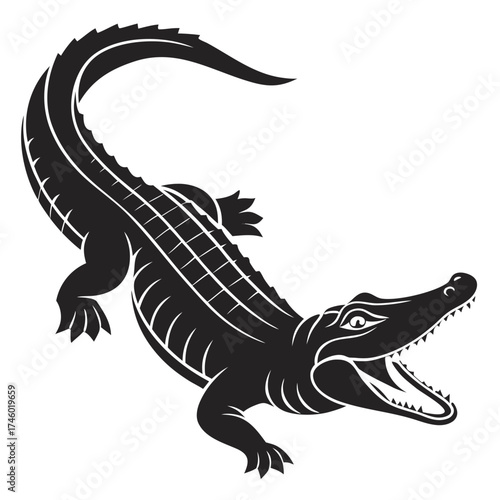 Stylized black silhouette of an alligator with open mouth