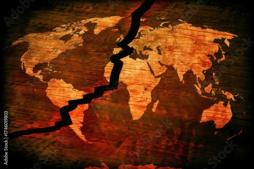 A cracked world map on a wooden background, symbolizing division and conflict on a global scale.
