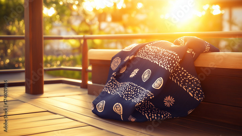 Kimono sleeve with dance patterns draped on a wooden veranda in golden sunset light.