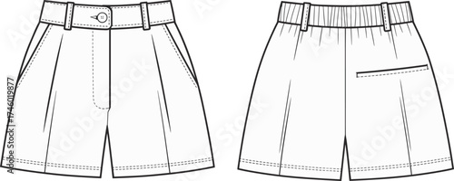 High waist pleated shorts vector template, front and back fashion flat sketch, women’s casual summer wear, technical apparel design illustration.
