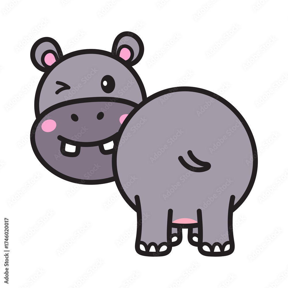 Fototapeta premium Cartoon Hippo Winking with Grey Fur and Pink Cheeks Isolated on Transparent Background