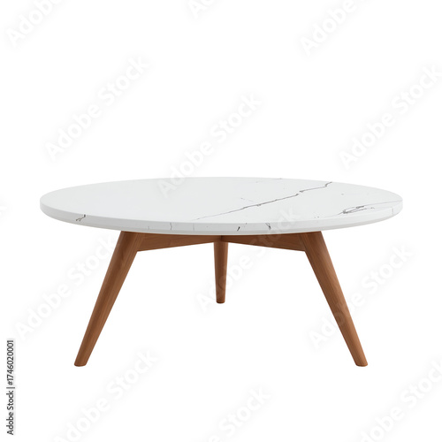Stylish round coffee table isolated on transparent background, featuring a white marblepatterned top and wooden legs, ideal for contemporary home interior