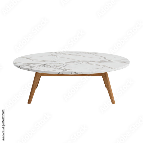 Elegant round coffee table isolated on transparent background featuring a faux marble top and light wood legs, perfect for modern living spaces