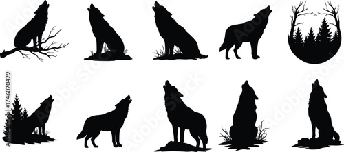 Howling wolf silhouettes collection, wild wolves in forest landscape, nature wildlife art, wilderness animal design, vector illustration, night predator scene