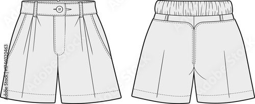 High waist women’s shorts vector template, front and back technical flat, fashion design illustration, casual summer apparel, clothing pattern sketch.