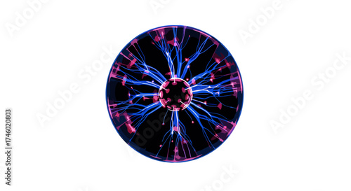 Plasma Ball with Electric Arcs and Filaments on White Background.
