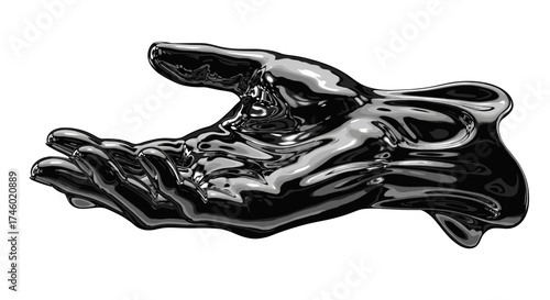 Shiny black hand sculpture offering open palm gesture.