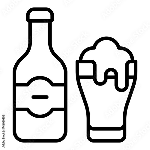 beer drink outline icon with glass and bottle at pub