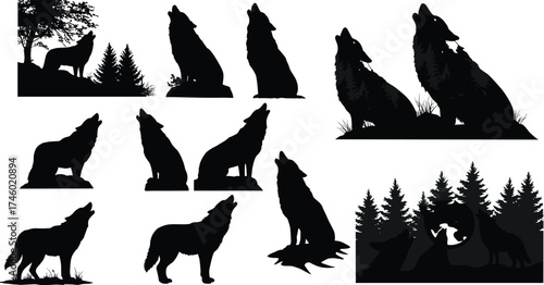 Howling wolf silhouettes collection, wild wolves in forest scenery, wildlife nature art, wilderness animal design, moonlight illustration, vector predator 