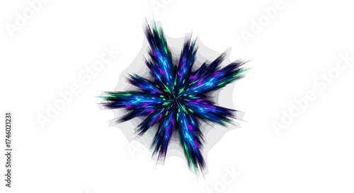 Vibrant blue and purple abstract starburst on a white background.