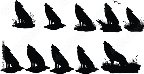 Howling wolf silhouettes set, wild wolves sitting in nature, forest animal design, wilderness illustration, wildlife art, vector animal shapes