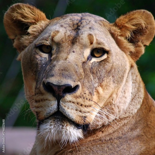 Close-up of a lioness's head and shoulders