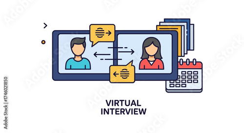 Virtual interview between colleagues on a screen for online communication scheduling and planning a strategy for virtual collaboration.