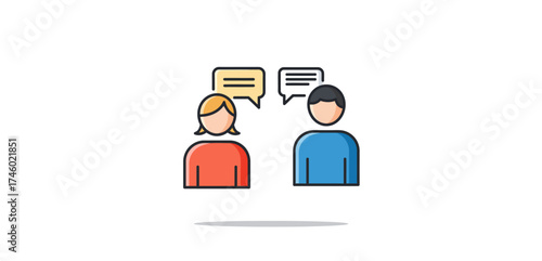 Two people in conversation exchanging ideas and communicating symbolizing business collaboration teamwork communication and information sharing.
