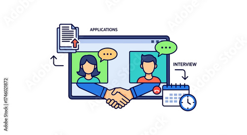 virtual job interview with handshake completing recruitment illustrating the hiring process candidate selection job opportunity onboarding success