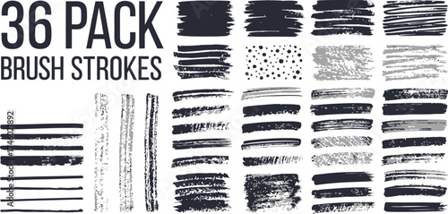 Thirty six pack of hand drawn black brush strokes for artistic design and creative backgrounds on transparent background