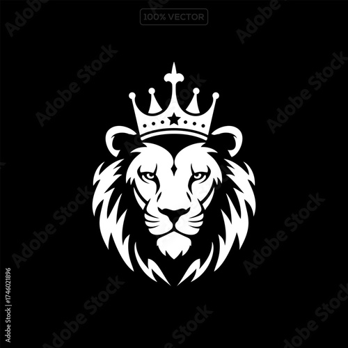 Lion logo design royal crown heraldic emblem vector illustration on black background element