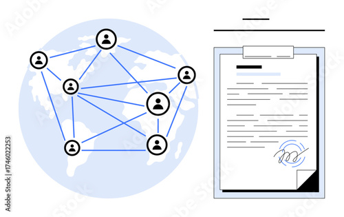 Connected user nodes on a world map alongside a signed document with a digital signature. Ideal for digital communication, remote collaboration, networking, globalization, cybersecurity, contracts