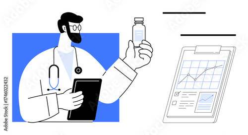 Doctor holding a vial, reviewing digital tablet, health chart on clipboard. Ideal for healthcare, medicine, research, diagnostics, data analysis innovation communication. Simple flat metaphor