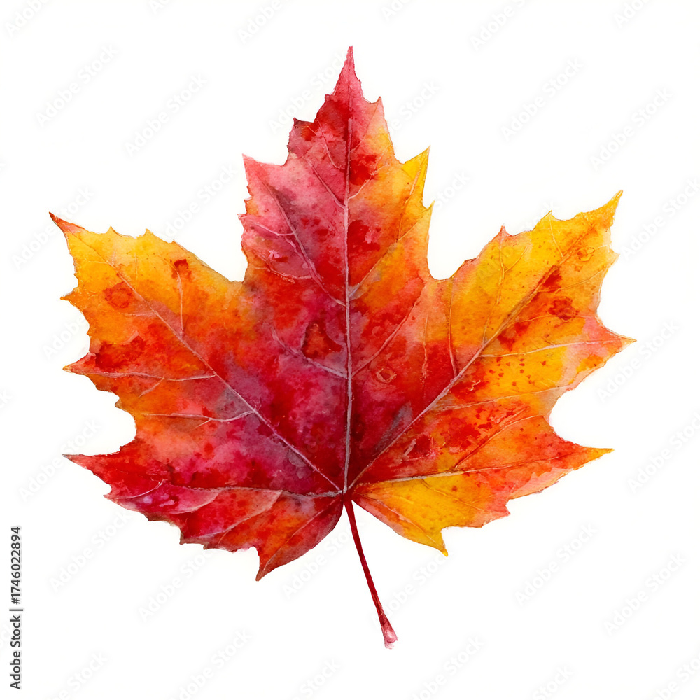 Fototapeta premium A vibrant, colorful maple leaf showcasing beautiful autumn hues of orange, yellow, and red against a white background.