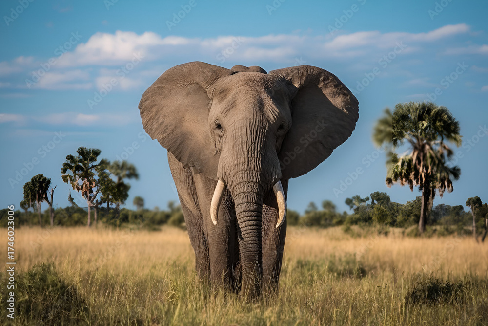 Fototapeta premium A majestic elephant stands proudly in a lush green landscape under a clear blue sky.