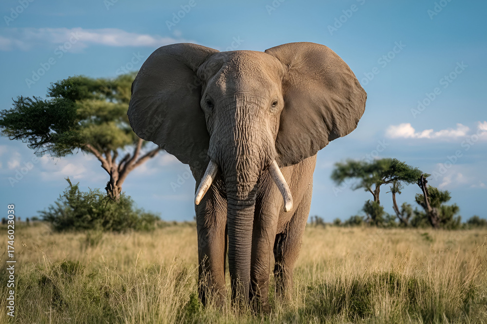 Obraz premium A majestic elephant stands proudly in the grasslands, highlighting the beauty of wildlife and nature's wonders.
